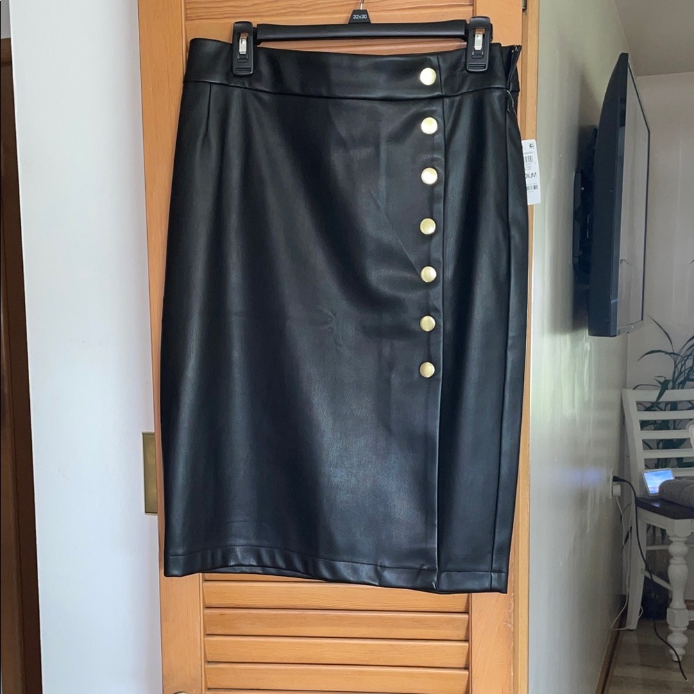 INC International Concepts Faux Black Leather Skirt with Gold Buttons
